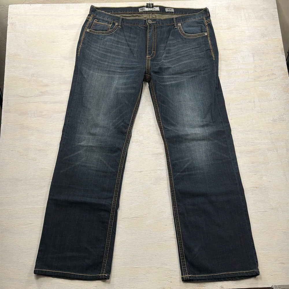 BKE Jeans Tyler 42R Straight Leg Stretch Embroidered Pockets Blue Mens